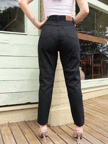 Calça Mom colorido Barrinha Dobrada Cintura Alta Sem Lycra - Preto - Visão 6