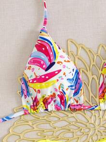 2pcs Women Summer Beach Pattern Print Halter Tie Side Sexy Thong Bikini Set - Yellow - View 4