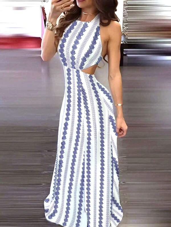 Women's Bohemian Style Backless Spaghetti Strap Hollow Out Long A-Line Dress