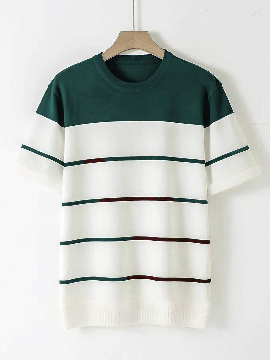 Men's Short - Sleeve Knitted Crew Neck T - Shirt – Navy Blue And White Color - Blocked Striped Pattern – Comfortable Fabric – Stylish Design For Daily Casual Wear & Weekend Outings - Dark Green - View 1