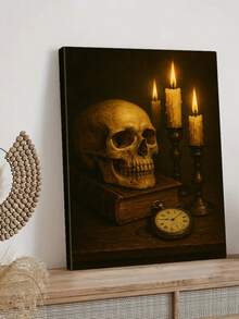 1pc Skull Poster, Candlelit Scene Canvas Print Wall Arts, Vintage Aesthetic Poster, Timeless Objects Art Prints, Bookshelf Display Paintings, Memento Mori Artwork, Home Decor, Room Aesthetic, Posters, Ideal Gift, Optional Framed Halloween Decor Fall Decor Room Decor