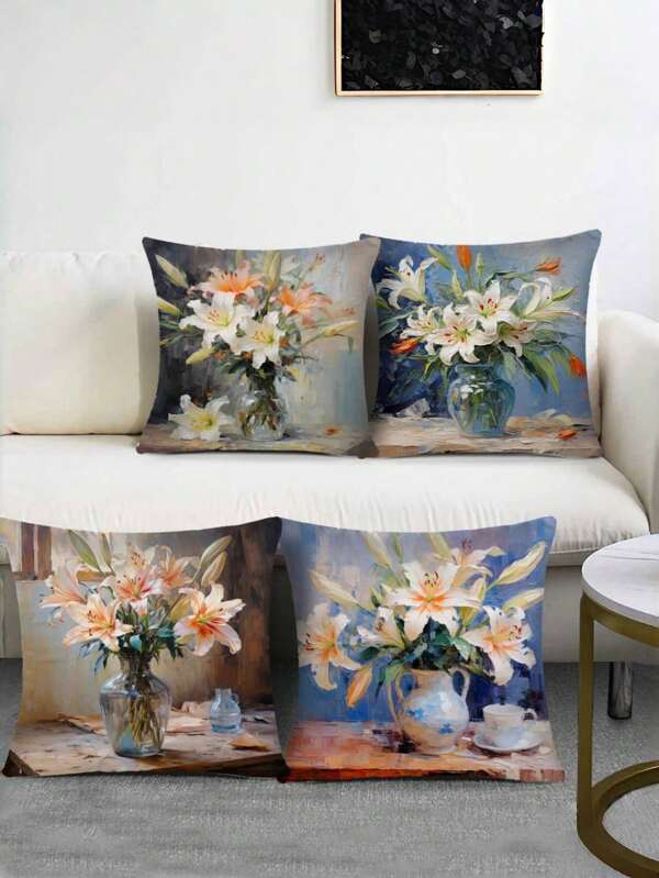 Vintage Farmhouse Throw Pillow Cover - Rustic White Lily Flower Design, Polyester, Zipper Closure - Ideal For Living Room And Balcony Decor, Decorative Pillow And Cushion Cover