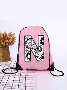 1pc A-Z Graffiti English Letter Outdoor Backpack, Kids Drawstring Closure Bag, Large Capacity Sports Bag, Cute Cartoon Letter Print Sports Backpack For Boys And Girls - Pink - View 18