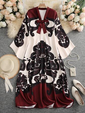 1 Piece Women's Printed Stand-Up Collar Three-Quarter Sleeve Long Dress, Women's Autumn And Winter Dress, Back To School Season, Hawaiian Women's Dress, Music Festival Women's Dress, Bohemian Style, Women's Street Dress, Women's Casual Resort Dress, Wedding Guest Dress