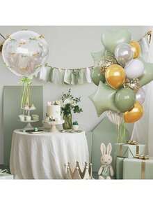 25 个鼠尾草绿和金色气球，心形星形气球可作为复古橄榄鼠尾草绿婴儿送礼会装饰；奶油白和金色气球，米色心形气球可作为订婚派对装饰；金属金色五彩纸屑气球，18 英寸透明铝箔气球可作为周年纪念订婚派对装饰 - 彩色 - 查看 6