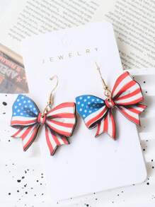1 Pair American Independence Day Bowknot Red White Blue Patriotic Flag Earrings, Contrast Color Fashion Earrings, Holiday Party Gift