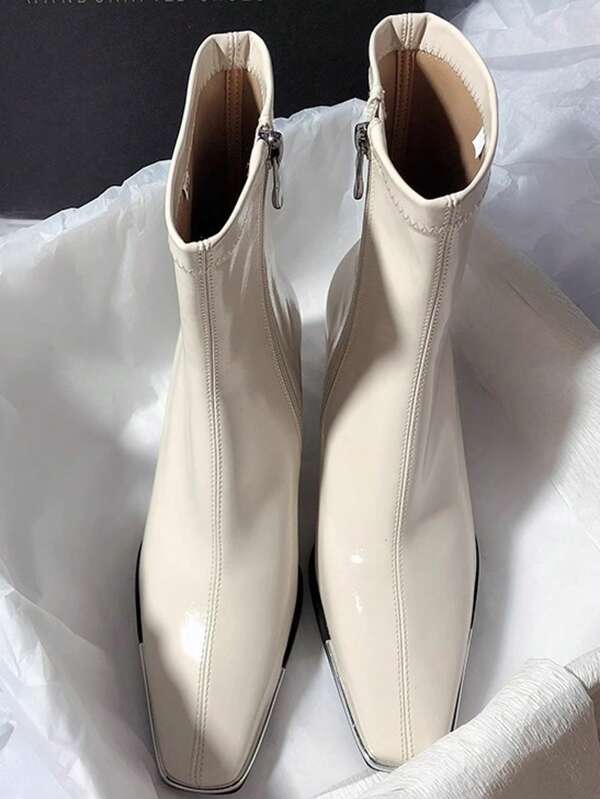 Women's New Stylish British Patent Leather Short Boots, Fashionable And Elegant Beige Platform And Naked Boots, Thick Heel Chelsea Boots, Versatile Fashion Short Boots, Elegant Multi-Function Naked Boots