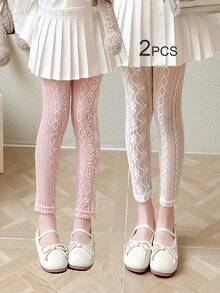 4/2/1 Pairs Lace Trim Capri Leggings For Girls, Children, Infants, Black/White/Gray/Pink, Color Block, Multicolor, Spring/Summer/All Season, Thin, Casual, Cute & Fashionable, Princess Style, Suitable For Daily Wear, Soft & Comfortable Tights, Suitable For Students To Pair With Tops, Skirts, Back To School Season - Multicolor - View 62