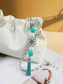 1 件迷人硅胶和亚克力串珠流苏钥匙扣，粉红玫瑰和白色花朵图案，可爱花卉包包挂饰，送给朋友、家人、女朋友的夏季礼物，汽车配件，学校背包 - 彩色 - 查看 2