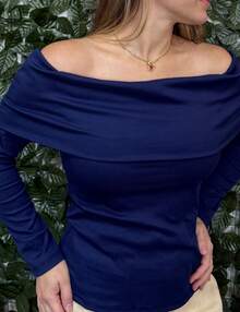 Long Sleeve  Blouse With Ribbed Shoulder To Shoulder, Autumn Winter Fashion - Navy Blue - View 2
