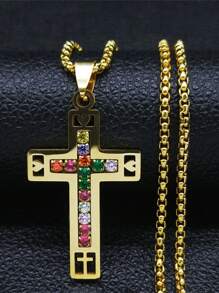 1 pieza Elegante collar con cruz católica para hombre, Conjunto de joyas con collar de acero inoxidable con cruz cristiana en color dorado/plateado/negro, con accesorio de moda brillante