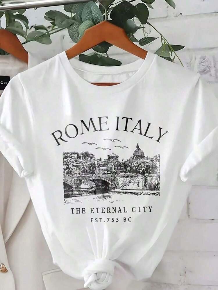 Camiseta con estampado de la silueta de Roma, Italia, cuello redondo, manga corta,   - ROMA ITALIA, LA CIUDAD ETERNA, FUNDADA EN 753 A.C.- Camiseta gráfica casual - Blanco - Añade 1