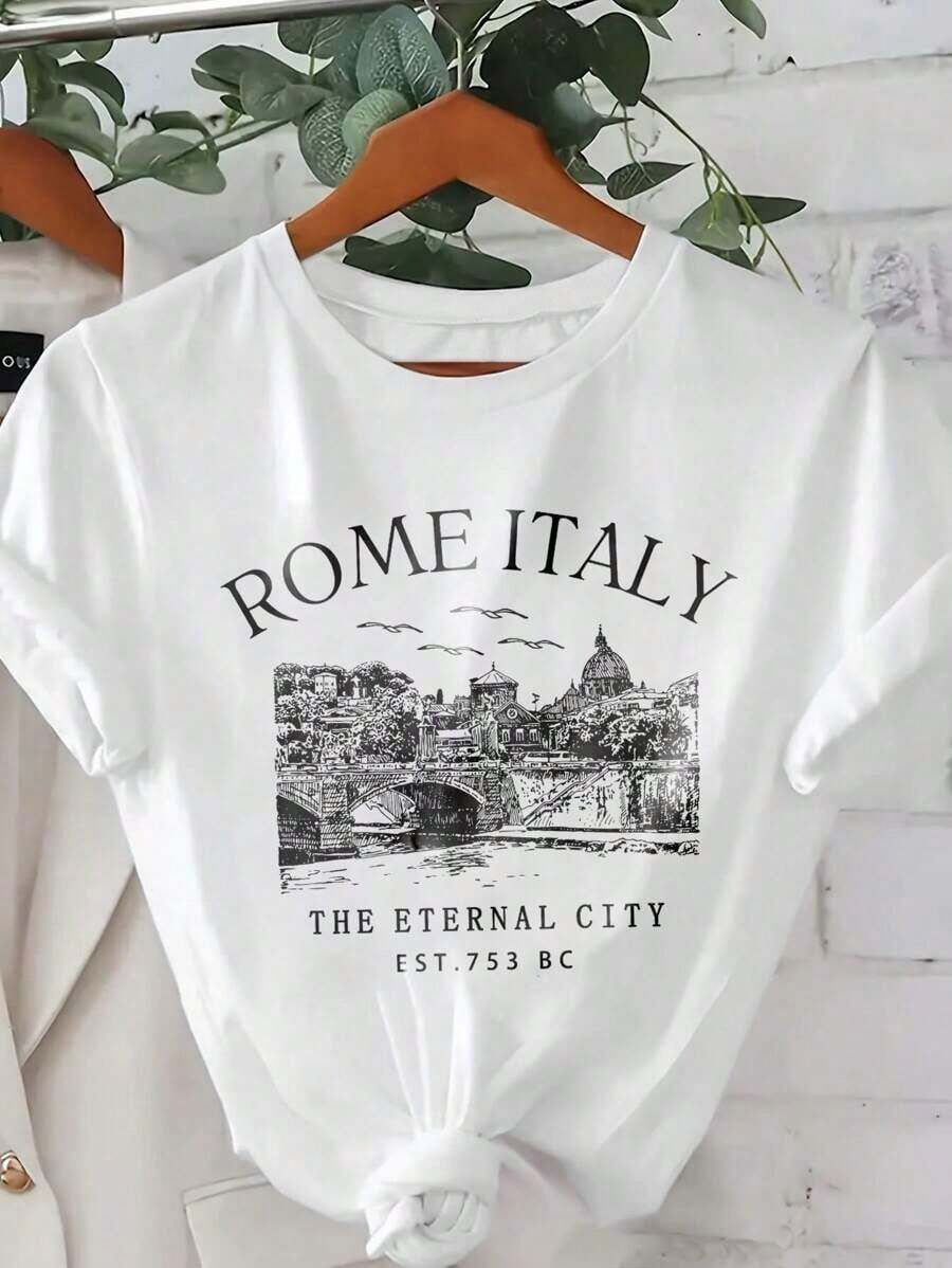 1 Piece Fashion Casual For Men And WomenCamiseta con estampado de la silueta de Roma, Italia, cuello redondo, manga corta, para mujer - ROMA ITALIA, LA CIUDAD ETERNA, FUNDADA EN 753 A.C. Camiseta gráfica casual para mujer, versátil, fácil de combinar, adecuada para uso diario, estilo urbano, conjuntos de vacaciones, conjuntos de fin de semana. - Blanco - Ver 1