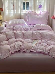 1 Set de 3 piezas Juego de ropa de cama con estampado floral morado, suave y acogedor, con volantes de gasa, adecuado para la decoración del dormitorio de la mujer, regalo del Día de San Valentín (1 funda de edredón + 2 fundas de almohada), sin relleno, el estampado de la funda de almohada se corta aleatoriamente