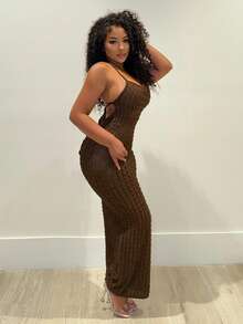 Alexandranx Solid Texture Bodycon Backless Cami Dress - Coffee Brown - View 3