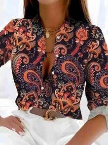 Plus Size Women Casual Cashew Print Long Sleeve Single-Breasted Shirt, Suitable For Daily Wear, Autumn/Winter