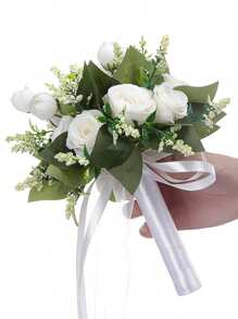 1 Strauß weiße/champagnerfarbene/blaue Hochzeitsbrautblumen, Schleifen-Dekoband mit Perlen Brautstrauß, romantische Blumenanordnung, westlicher Stil künstlicher Blumenstrauß