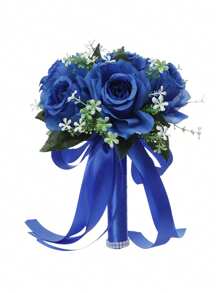 1 Strauß weiße/champagnerfarbene/blaue Hochzeitsbrautblumen, Schleifen-Dekoband mit Perlen Brautstrauß, romantische Blumenanordnung, westlicher Stil künstlicher Blumenstrauß