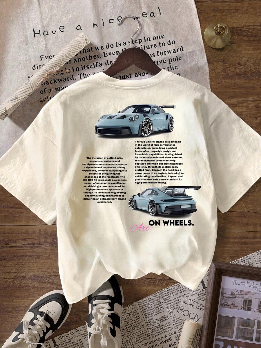 تي شيرت نسائي كاجوال بياقة مستديرة وأكمام قصيرة بطبعة سيارة سباق، مناسب للخروج والنوادي والصيف