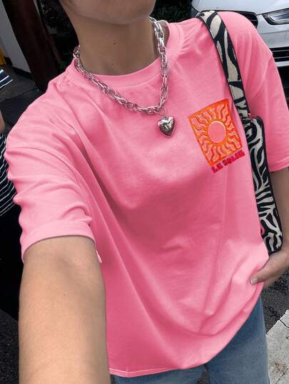 Women's Loose Y2K Bohemian Style Casual T-Shirt, Minimalist English Letter Print Round Neck Pullover For Commuting, Back To School, Brunch Pink Summer