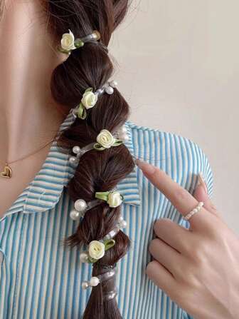 1 pieza Lazo para el cabello trenzado en espiral con perlas falsas - Herramienta para cola de caballo alta y trenza de burbuja, accesorio para el cabello tipo cordón telefónico para mujeres, lazo para el cabello, accesorios para el cabello, sujetadores de cola de caballo, bandas elásticas para el cabello, coleteros, cintas para el cabello