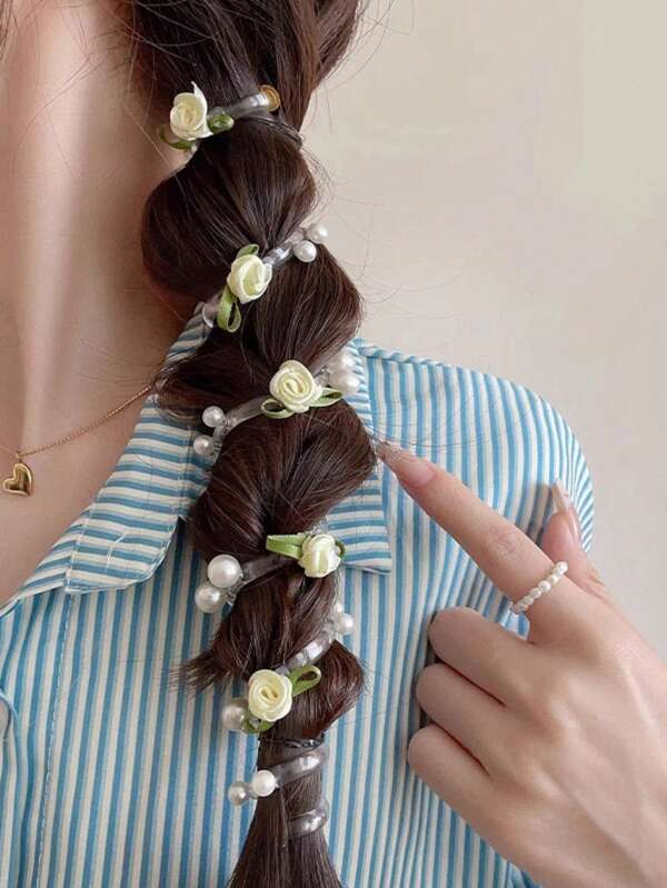 1 peça de elástico de cabelo espiral trançado com pérolas - rabo de cavalo alto e trança bolha, acessório de cabelo com fio telefônico para mulheres, elástico de cabelo, acessórios de cabelo, prendedores de rabo de cavalo, elásticos de cabelo, elásticos de cabelo