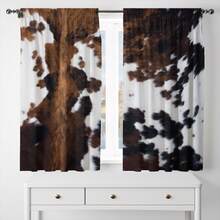 2pcs Modern Faux Leather Curtain Panel, Black & White Cowhide Texture, Lightweight 100% Polyester, Contemporary Farmhouse Style, Light Filtering Privacy, Machine Washable, Suitable For Living Room, Bedroom, Kitchen, Bathroom, Balcony - Multicolor - View 2