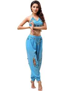 2 Pieces Prom Party Line Dance Costume For Women Belly Dance With Coin Embellished Open-Hole Loose Pants (Includes Breast Pads)
