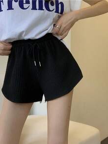 Pantalones de pierna ancha mujer verano fuera suelta delgada de gran tamaño de cintura alta deportes ocio pantalones cortos mujer - Negro - Ver 2