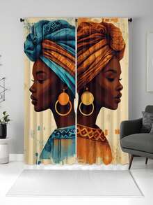 2pcs 100% Polyester Washable Curtain With African Woman Print In Blue & Orange Color, Suitable For Living Room & Bedroom - Multicolor - View 5