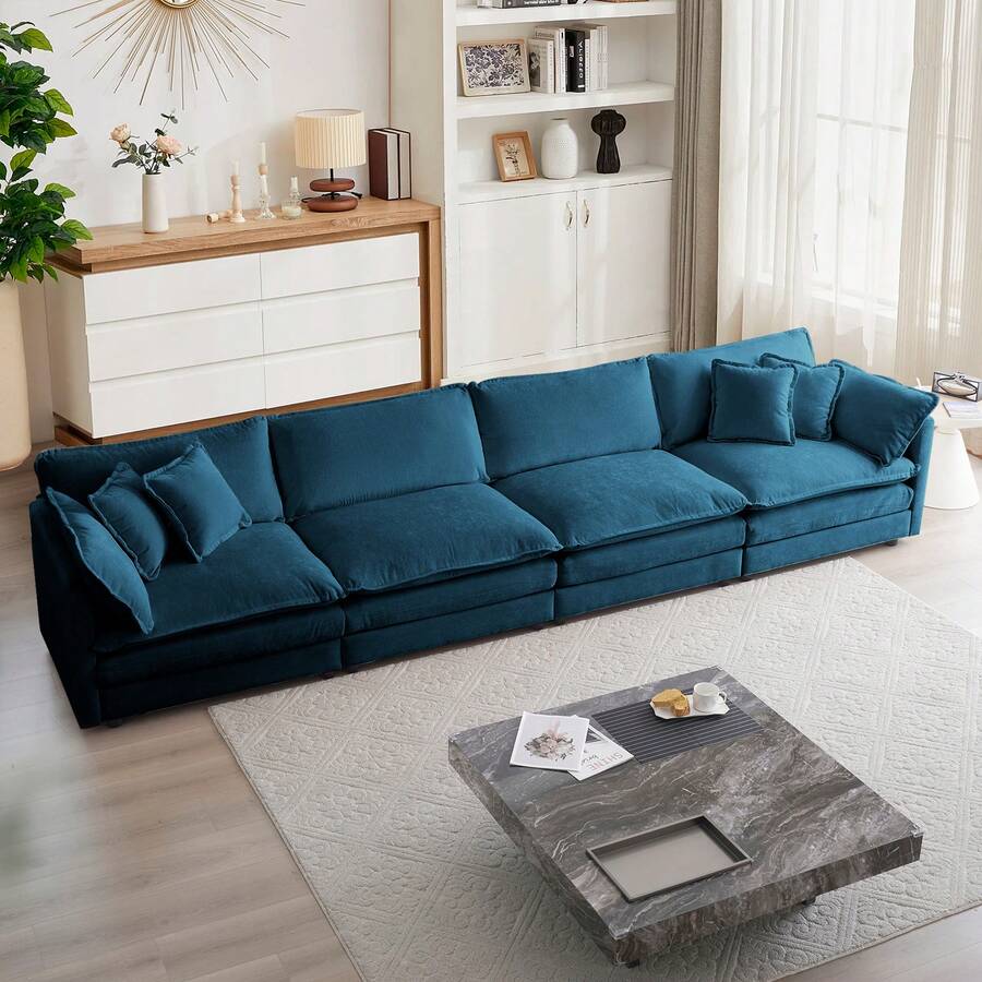 Luxury Modular Sectional Sofa, 146.5" Modern Chenille Comfy Cloud Couches For Living Room Office, 4 Seater Deep Sofa With 2 Armrest Pillows And 4 Toss Pillows, Blue - 藍色4座 - 查看 1