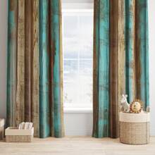 2pcs Country Style Wood-Look Blackout Curtains - Brown And Teal Wood Panel Rustic Farmhouse Curtains, Suitable For Bedroom And Living Room, Semi-Sheer, Machine Washable Polyester, Rod Pocket Hanging, Bedroom Decor | Country Style Curtains | Washable Fabric, Living Room Curtains