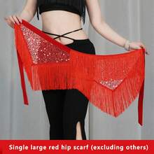 Women Belly Dance Hip Skirt Sequins Tassel Hip Wrap Scarf Ballroom Skirt Stage Show Mini Skirt Beach Vacation Party - 紅色 - 查看 2