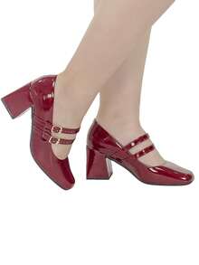 Loris Shoes Oficial Women's Doll Pump Shoe With 2 Buckles Glossy Varnish Thick Block Heel 2861 - Véc ni Marsala - Xem 9