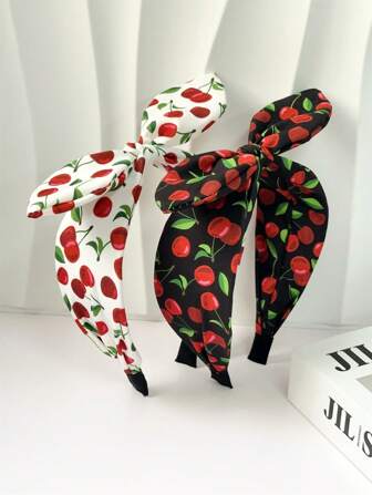 1pc/2pcs Summer Women Sweet Cute Fabric Cherry Print Rabbit Ear Wide Headband, High Crown Pressure Hair Accessories Headwrap Headdress, Suitable For Dresses, Beach Vacation, Daily Outfits, Elegant & Cute Design