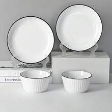 4pcs/2pcs Ceramic Vertical Stripe Bowls 5.1 Inches And Plates 6.9 Inches, Simple Handmade Ceramic Tableware, Japanese Rice Bowls, Dessert Bowls, Suitable For Home Kitchen, Dining Party, Kitchen Utensils, Oven And Microwave Friendly