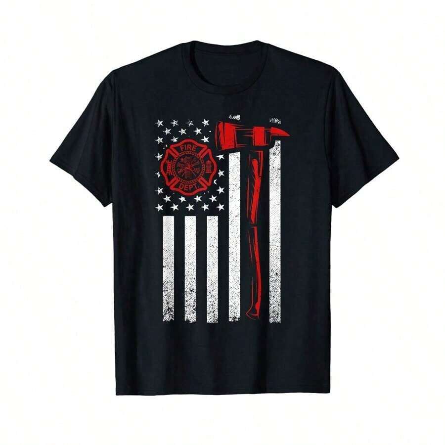 Camiseta de bombero con gráficos de la bandera estadounidense - Negro - View 1