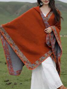 1PC Multi-Functional, Enlarged And Thickened Cape That Can Be Used Throughout The Four Seasons, With A Small Floral Border Design And A Hooded Shawl. It Is Suitable For Outdoor Windproof And Warmth Keeping, As Well As Travel Photography And Holiday/Performance Dressing