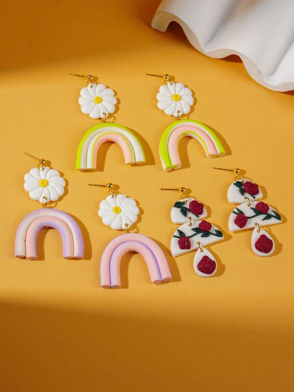 White Flower Ombre Rainbow Ceramic Earrings, Red Rose Decor Exaggerated Pendant, Minimalist Design For Young Women