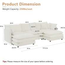 Modular Sectional Sofa, 111.5 Inch U Shaped Couch Set For Living Room, 3-Seater Comfy Cloud Couches With Movable Ottoman, DIY Combination, Chenille, Beige - Beige 3Seat+2 O - 查看 2