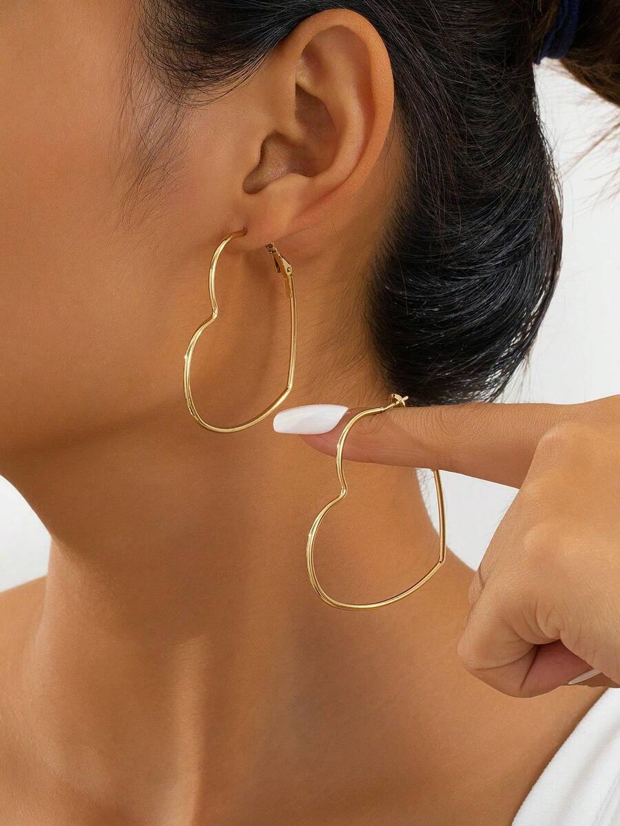 1 对几何心形环形耳环，适合女性日常佩戴 - 金色 - 查看 1