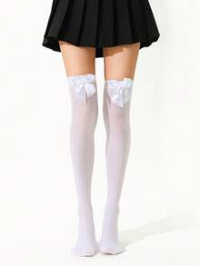 1 Pair Women Velvet Bow Accent Thigh High Stockings, Sexy Tempting Japanese Cute Style, Polyester Material, Summer