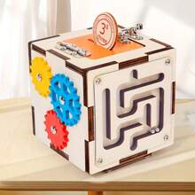 Juguete de caja de actividades de madera para bebés de 18M+, cubo de actividades 6 en 1 con clasificador de formas, ranura para monedas, engranajes giratorios, laberinto de cuentas, reloj y, juguete sensorial de aprendizaje para niños y niñas bebés