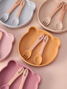 3PCS Personalized Customization Name Baby Silicone Tableware Set Wooden Handle Spoon Fork Cartoon Bear Dishes Snack Plates Custom Baby Stuff Winter Eve Gifts Back To School Winter Gift Ideas Boy Girl Valentine's Day Multi-Functional, Ornamental, Letter Exquisite, Stylish, Baby Fashion, Soft Squishy, Colorful, Cute Kawaii Adorable Unique, Customized Treasurefinds, Baby Gifts, Cute Baby For Children's Day
