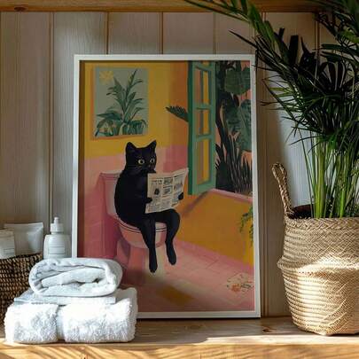 1pc Black Cat Reading Newspaper In Bathroom Canvas Poster - Frameless Wall Art Decor, Animal Pattern Artwork, Suitable For Living Room, Bedroom, Bathroom, Home Office - Modern, Retro, Decorative Art Style, Wall Art Gift, Birthday & Graduation Commemoration