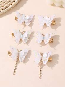 2pcs/6pcs Girls Glitter Rhinestone Pearl Butterfly Hair Clips - White - View 1