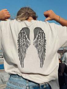 Maglietta da donna nuova arrivata per la primavera/estate con stampa ad ali, collo rotondo, maniche corte, di moda per un uso casual quotidiano, outfit personalizzato