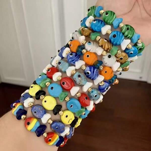 1 Peça Pulseira de Contas de Cerâmica em Estilo de Desenho Animado, Joias Fofas Coloridas de Peixe Múltiplo, Pulseira Estilo Oceano Encantadora e Elástica