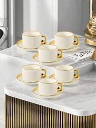 1 set, premium lyxigt keramiskt kaffekopp- och fatset med guldkant, koppset med tallrik och sked, hushållskopp, blommig tekopp, amerikansk kaffekopp, europeisk afternoon tea-set med handtag