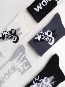 5 Pairs Men's Mixed Color Original Letter Black & White Crew Socks, Suitable For Daily Wear, Great Gift For Family And Friends